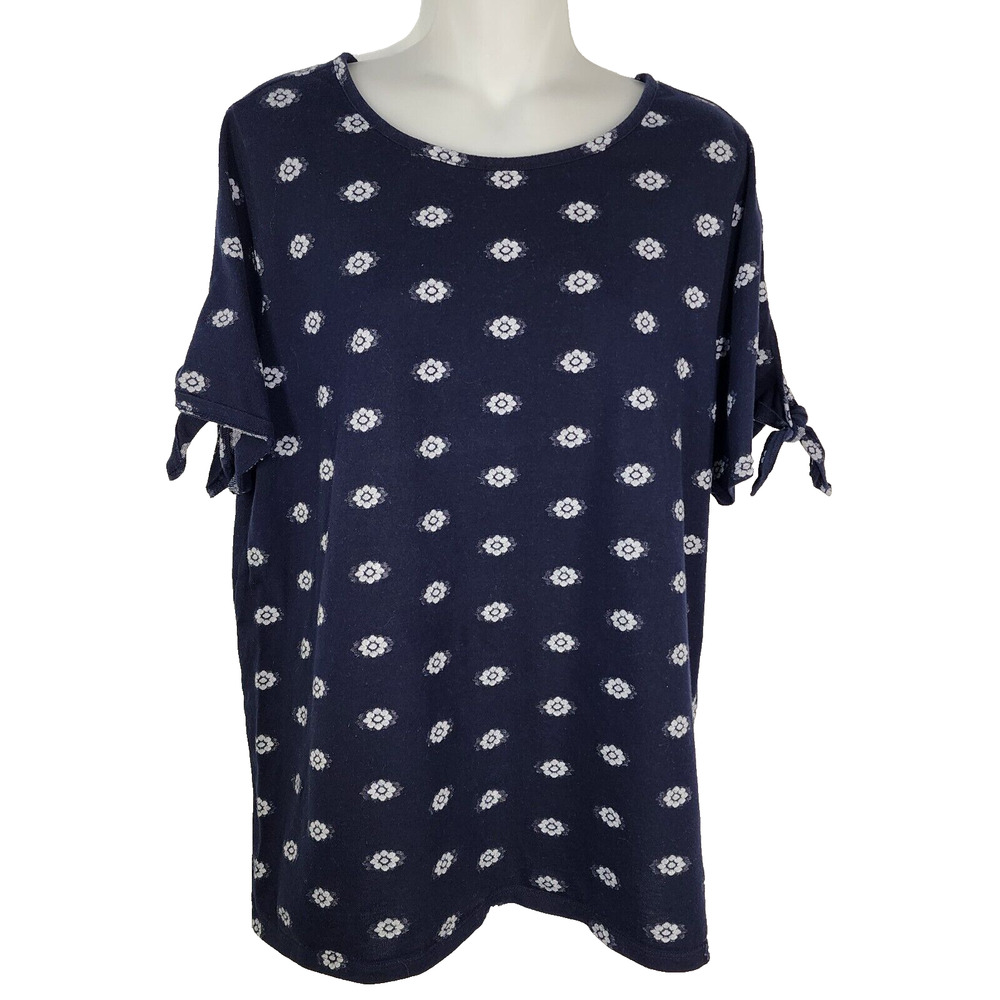 LOFT Top Womens XL Knit Blue White Floral Embroidered Tie Short Sleeve Casual